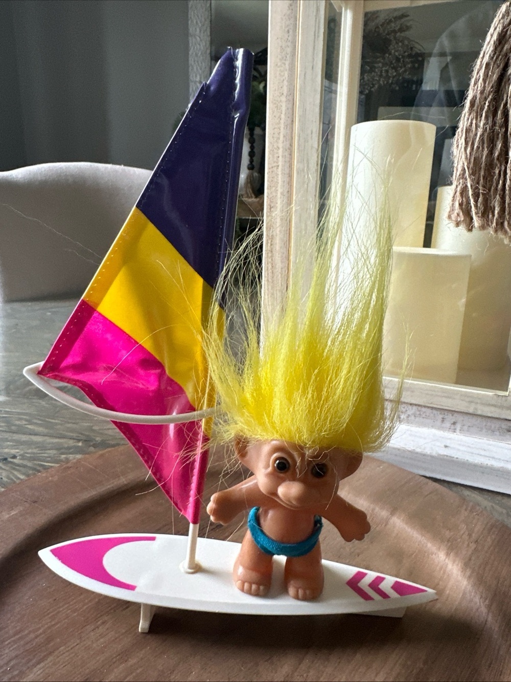 Vintage RUSS 3" Troll Doll - Surfer with Trunk and Surf Board Yellow Hair